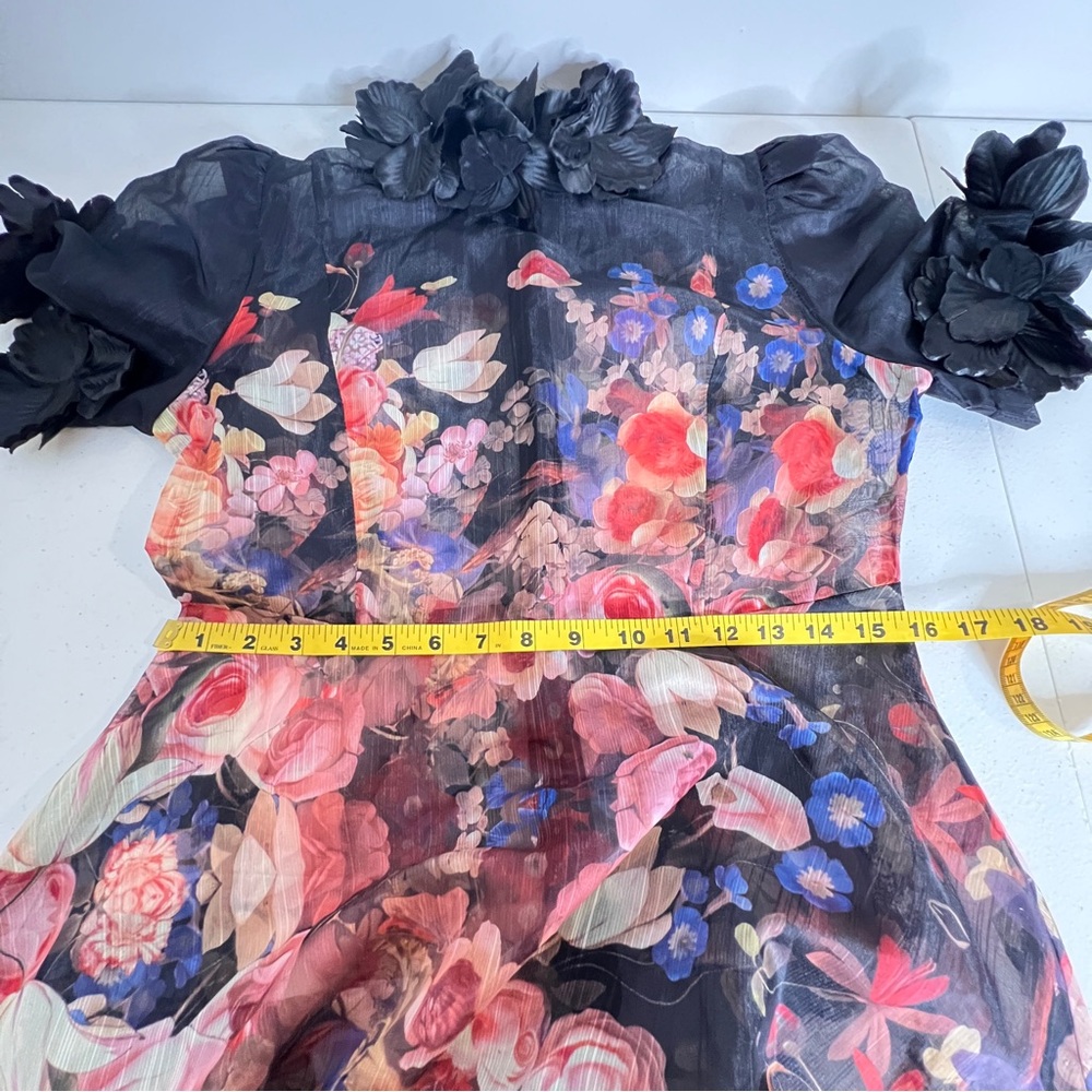 Black Multicolor Floral Sheer Midi Dress Floral Applique Hi-Neck Flare Women XL - Picture 12 of 14